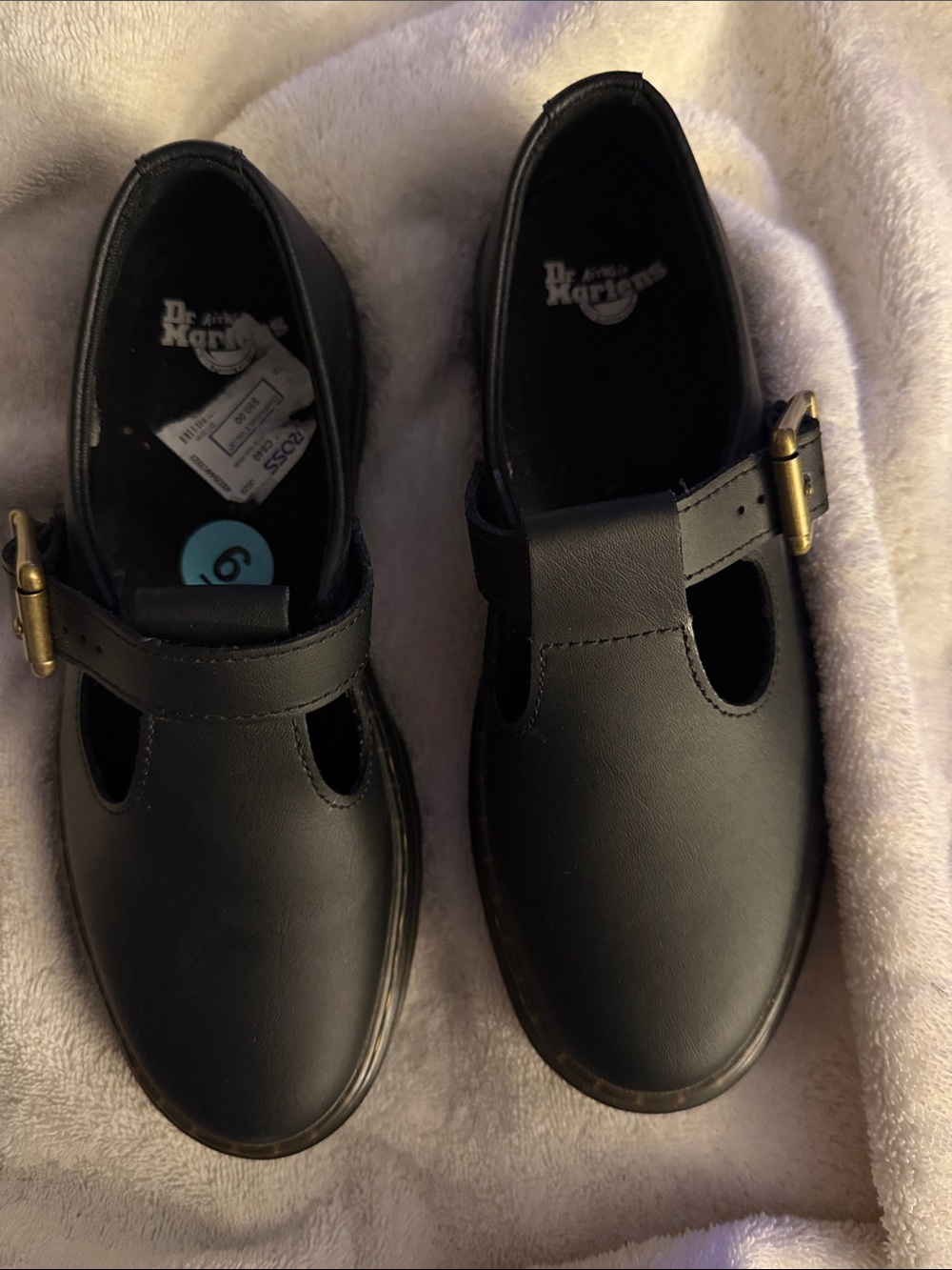 Dr. Martens Black T-Bar Mary Jane Loafers with Brass Buckle